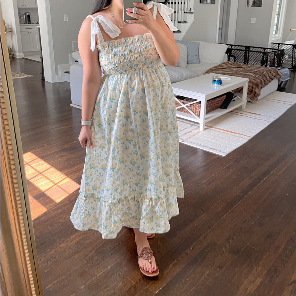 Smocked Tie-Shoulder Floral Midi Dress - White with Yellow & Blue